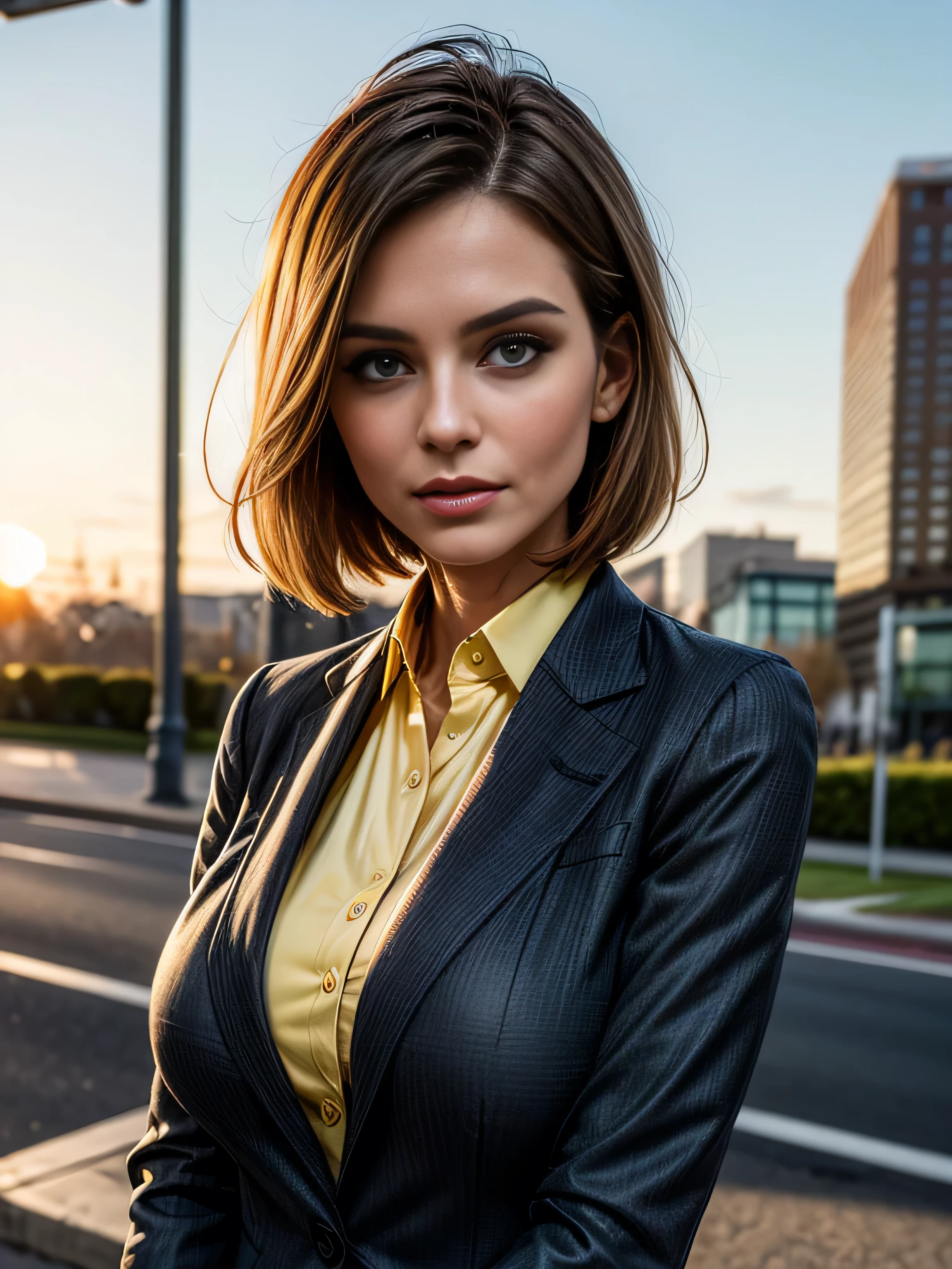 (masterpiece, photorealistic:1.4, extremely intricate:1.3, radiosity, photon mapping, dtx), ((40 year old supermodel, ((business suit, black suit coat, yellow silk men's business shirt, serious, 45 years old)), long eyelashes, makeup:1.3)), ((([skin detail:freckles:0.9], portrait, closeup))), outdoor, park, faraway city, professional photograph mature woman, (short bob hair [dark hair:bright ginger hair:0.4], wind), BREAK ((sunset), bokeh, blurry background), BREAK, ((([medium breasts:large breasts:0.3])))