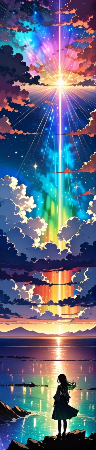 Harry Clark (Harry Clarke) style,模仿李在孝的style,Twice the light, (1 girl), spring、Breakwater at dusk、In the distance, Expressing a high fantasy world, Guardian Nebula of Rainbow Light and Silver Steam, The sky is filled with the colors of the Corrosion Enveloping Ray family, (Magnificent composition, Epic Proportions), masterpiece