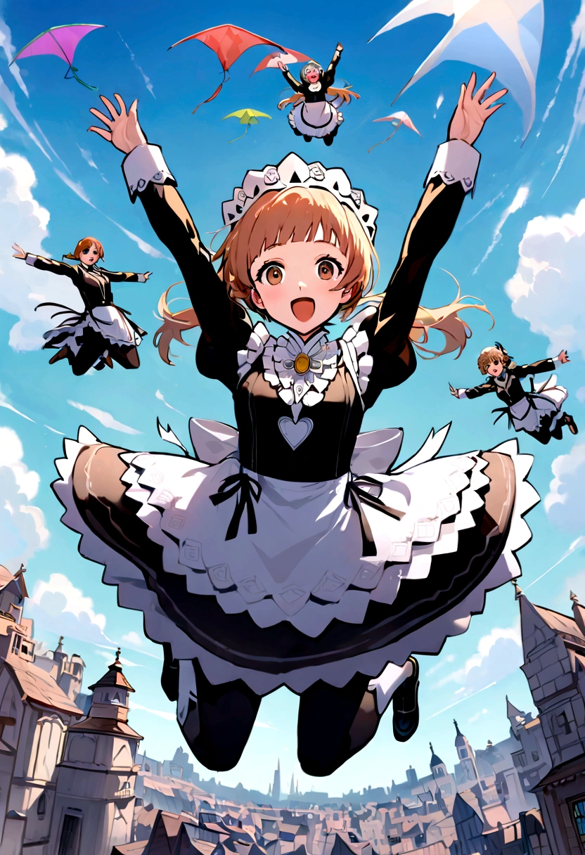 Maid、Maid服、beautiful girl、Maidの衣装、Frills fluttering in the wind、ビルの合間をJumpする、there is a man that is Jumping in the air with a kite, Leap into the air, Jump pose, Jumping towards viewer, horizontally Leap!!!, Jumping for joy, Leap, Aerial浮揚, Rise from the ground, Leap towards viewer, ultra - high Jump, Jumping, Leap with arms up, Aerial, Jump