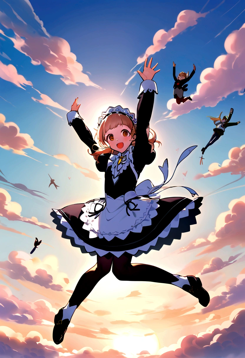 Maid、Maid服、beautiful girl、Maidの衣装、Frills fluttering in the wind、ビルの合間をJumpする、there is a man that is Jumping in the air with a kite, Leap into the air, Jump pose, Jumping towards viewer, horizontally Leap!!!, Jumping for joy, Leap, Aerial浮揚, Rise from the ground, Leap towards viewer, ultra - high Jump, Jumping, Leap with arms up, Aerial, Jump