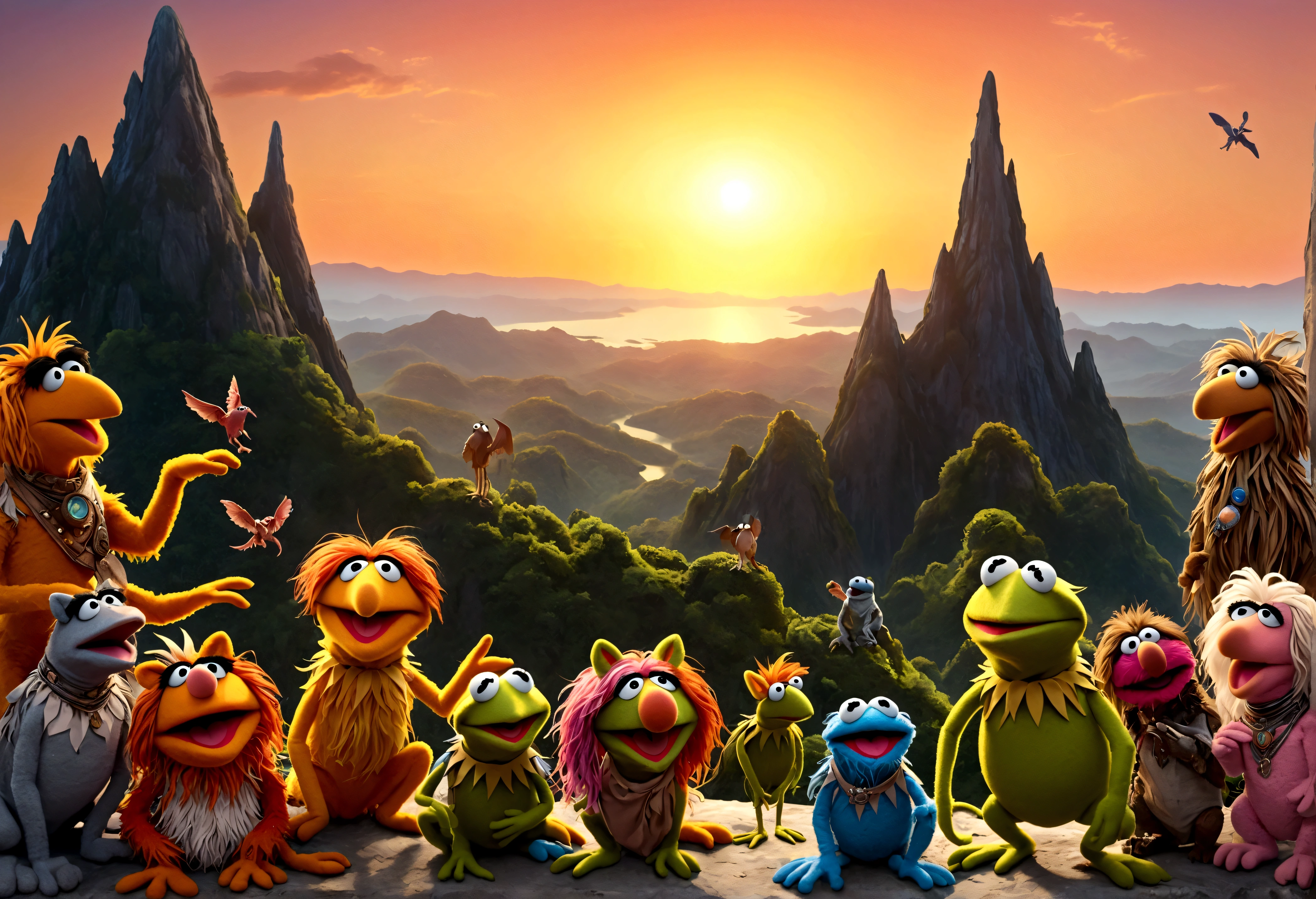 high fantasy, a bunch of muppet animals are howling at the sunrise on an alien world, mountain top, bizarre jungle, lovely
