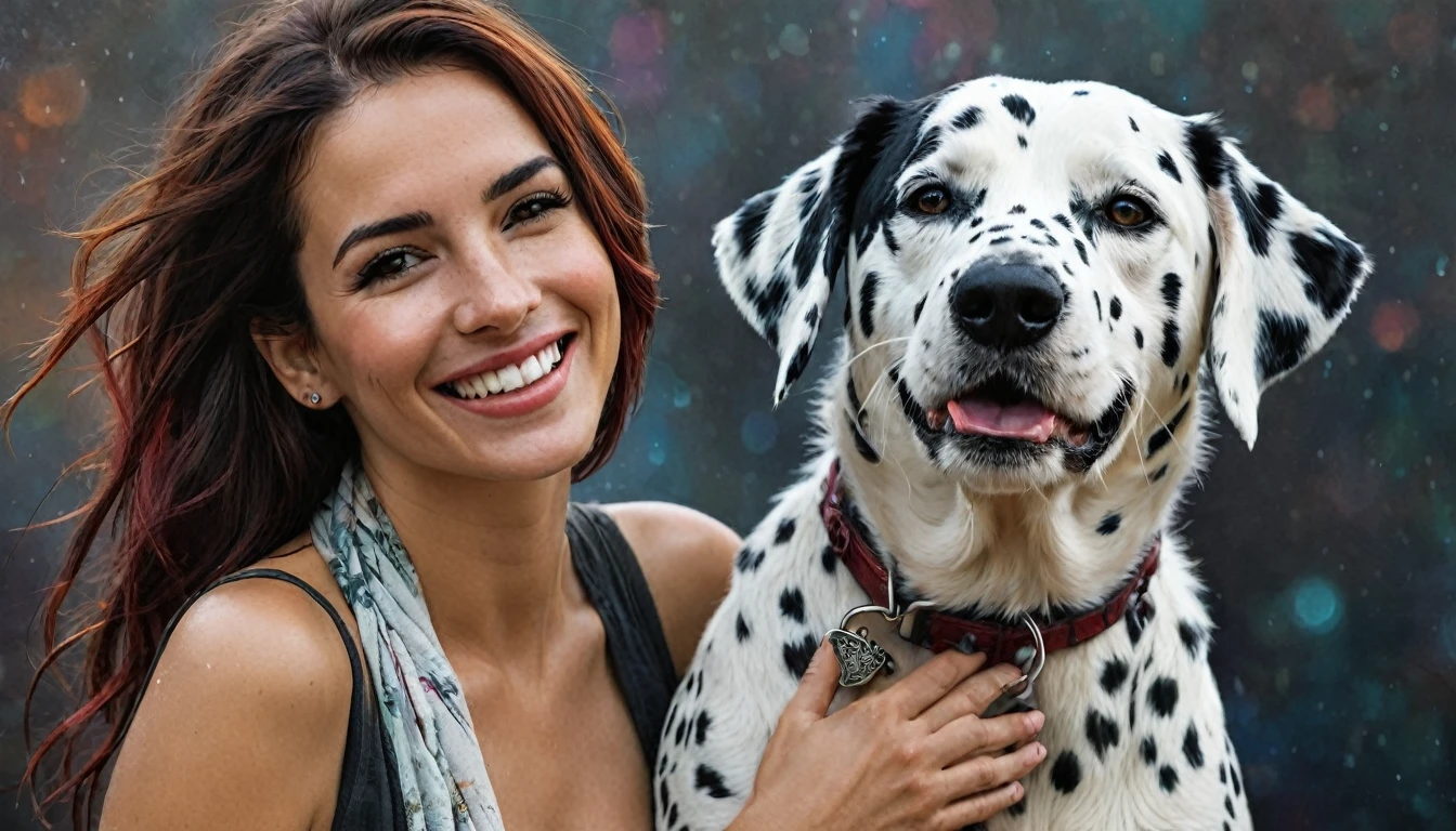 half body,
a woman smile with her best friend her dalmata,
dark complex background, style by Thomas Kinkade+David A. Hardy+Carne Griffiths+Mandy Disher half vivid colors fine art, best quality, high detailed, detailed faces, 2d,