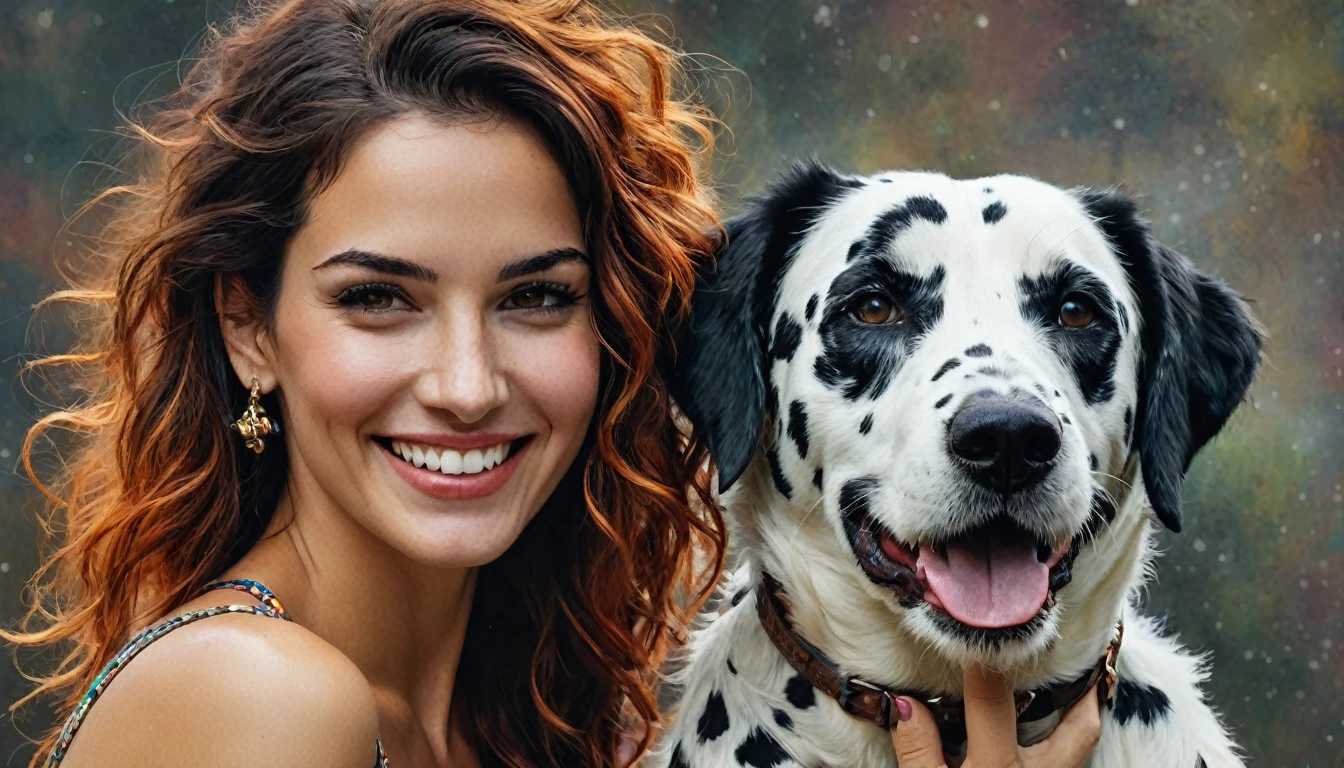 half body,
a woman smile with her best friend her dalmata,
dark complex background, style by Thomas Kinkade+David A. Hardy+Carne Griffiths+Mandy Disher half vivid colors fine art, best quality, high detailed, detailed faces, 2d,