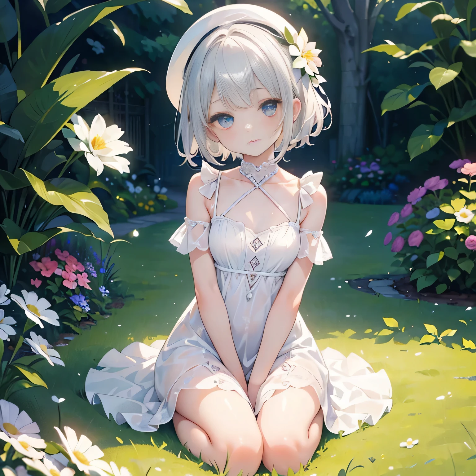 ((masterpiece:1.4, best quality)), ((masterpiece, best quality)),beautiful pixie cut silver blonde hair,little cute   girl,full body, sitting in the sun,taking a nap, ((elegant summer mini dress)), white beautiful elegant hat,very cute,cute eyes,cinematic lighting and pause,beautiful flower park