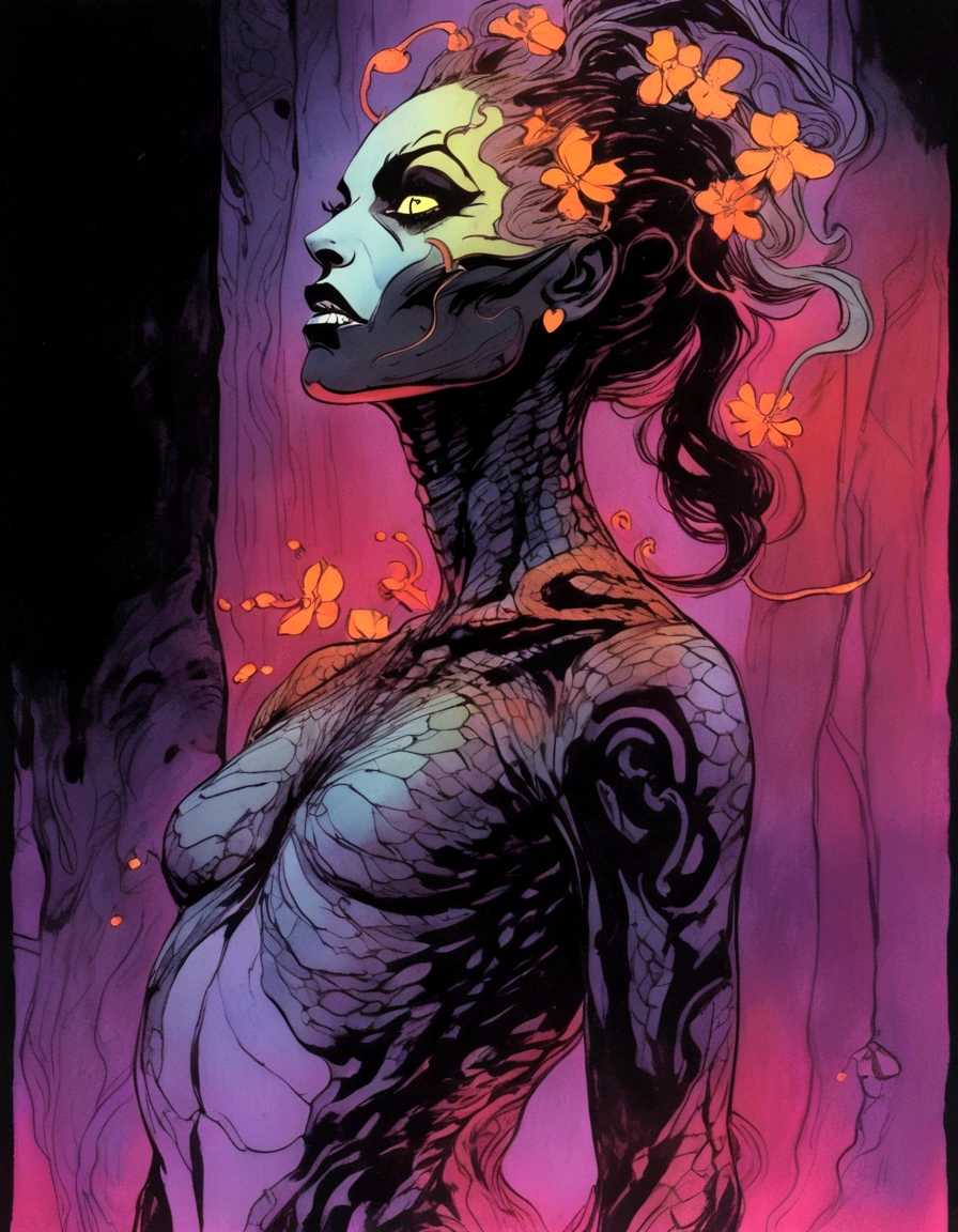 Medusa, splash page decompressed comic cover art, ink style figure,((expressive Joelle Jones and "Sean Gordon Murphy" comic drawing)), wordless, cinematic poster, double exposure, optical illusion, image within image, abyss void black no visibility darkness, full length portrait, (background, pine barrens, entropy, rewilding, magic hour sunset, galaxy stars, cosmos), (horror, abstract, surreal, body, cosmic), candid, snake skin dress, morphology anatomy drawn Frederic Delavier musculature anatomical illustration, (face, ornate black metal corpse paint, resembles Grace Jones), (body, Naga, snakefolk, lower body snake tail, snake woman hybrid, bald, hairless, skeleton, snake skin tattoos, piercing eyes, snake pupils, over the shoulder), (colors, bleak muted deep fiery radiant glowing ROYGBIV, forest green, earth brown), craftsmanship nuance, (Gerardo Zaffino charcoal), subliminal orchids, nyctophobia, silhouette