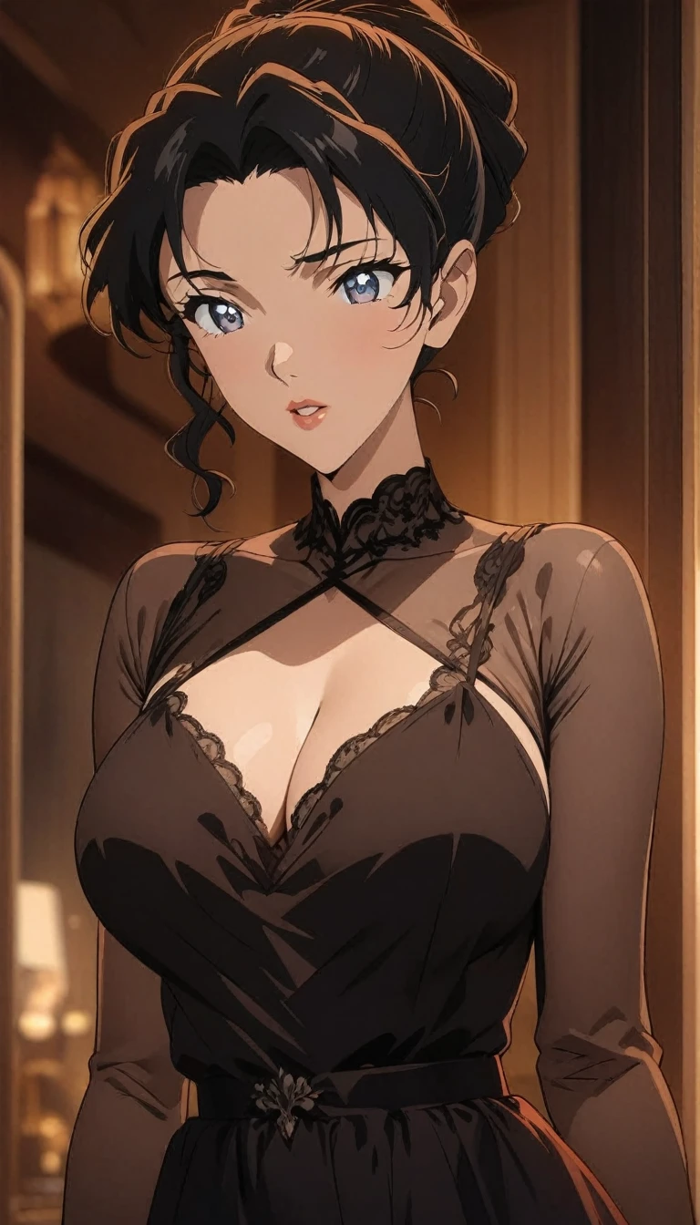 (best quality, High resolution, masterpiece:1.2), black hair, Beautiful woman, delicate eyes, Detailed lips, Dress, Single picture, Anime style，Large Breasts，cleavage