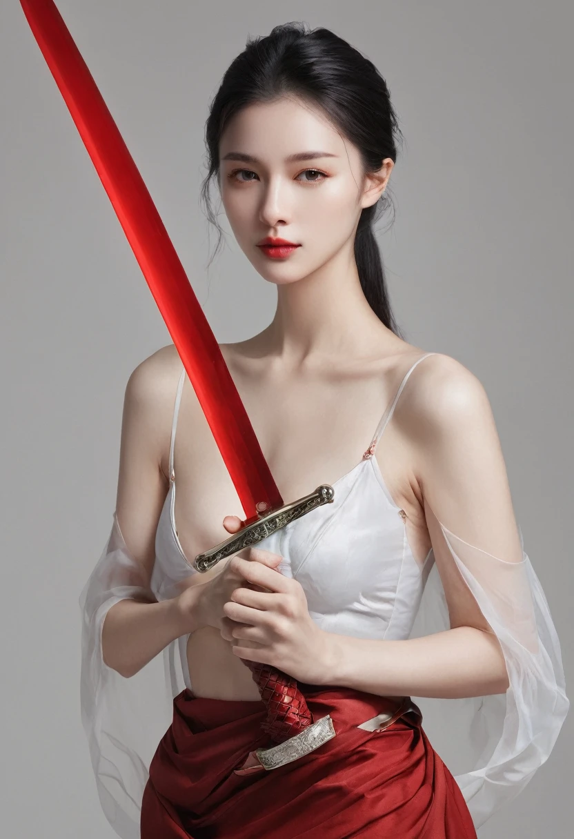Girl with sword,Simple lines,Light underwear,(transparent),The chest is faintly visible,Cleavage,Minimalism,Holding a red long sword,