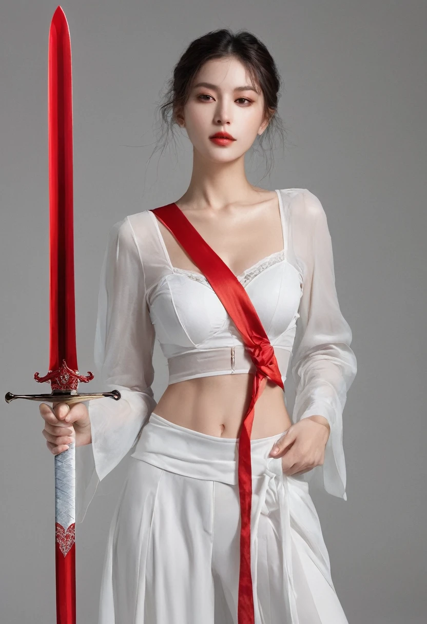 Girl with sword,Simple lines,Light underwear,(transparent),The chest is faintly visible,Cleavage,Minimalism,Holding a red long sword,
