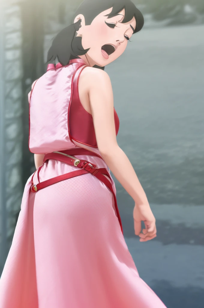 dressed, (photo realistic:1.4), (hyper realistic:1.4), (realistic:1.3),
(smoother lighting:1.05), (increase cinematic lighting quality:0.9), 32K,
1girl,20yo girl, realistic lighting, backlighting, light on face, ray trace, (brightening light:1.2), (Increase quality:1.4),
(best quality real texture skin:1.4), finely detailed eyes, finely detailed face,
(tired and sleepy and joy), (laugh:0), face closeup, t-shirts,
(Increase body line mood:1.1), (Increase skin texture beauty:1.1) , waist shot, ((butt facing camera)), ((protruding ass)), ((flowing satin gown)), flowing long skirt, gamis