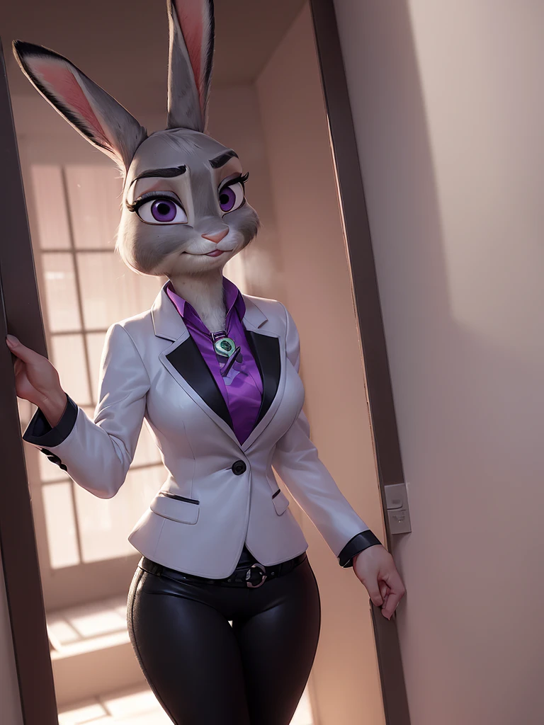 best quality,
masterpiece,
super detail,
3D,
Portrait,
fun atmosphere,
(((solo))),
(((1lady))),
furry male
fine coat,
bloom office,
(Face is JudyHopps:1.4),
(straight hair:1.3),
(see-through bangs:1.3),
wispy bangs,
bright purple eyes,
(raised eyebrows:1.1),
(rabbit ears:1.1),
Body is NamiFinal,
(body is gray with fluffy and fluffy:1.3),
(skin is wool fabric with fluffy and fluffy:1.3),
office lady is wearing suit,
((White blouse)),
((Black blazer jacket)),
((Black pants)),
clothes made of cotton,