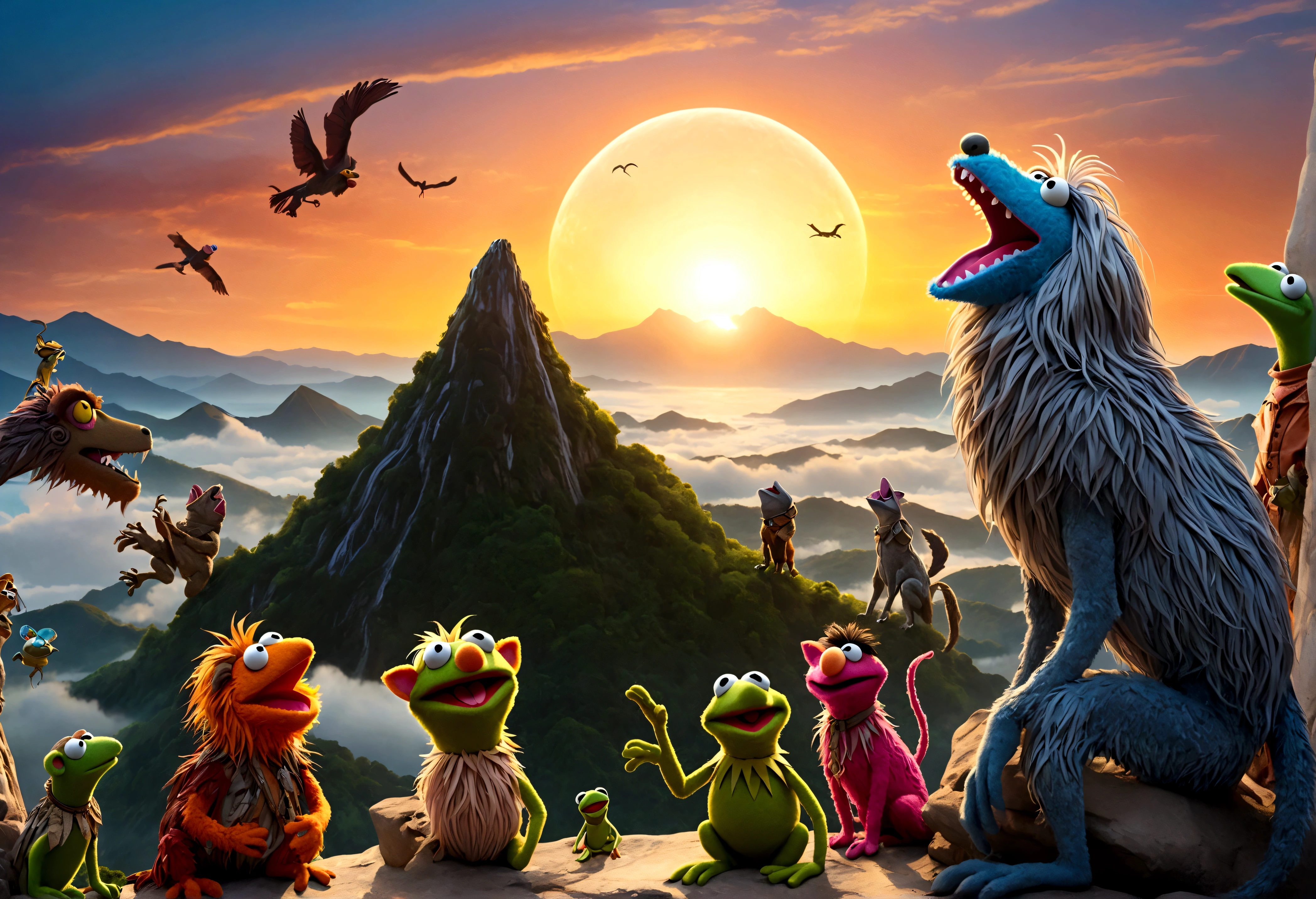 high fantasy, a bunch of muppet animals are howling at the sunrise on an alien world, mountain top, bizarre jungle, lovely
