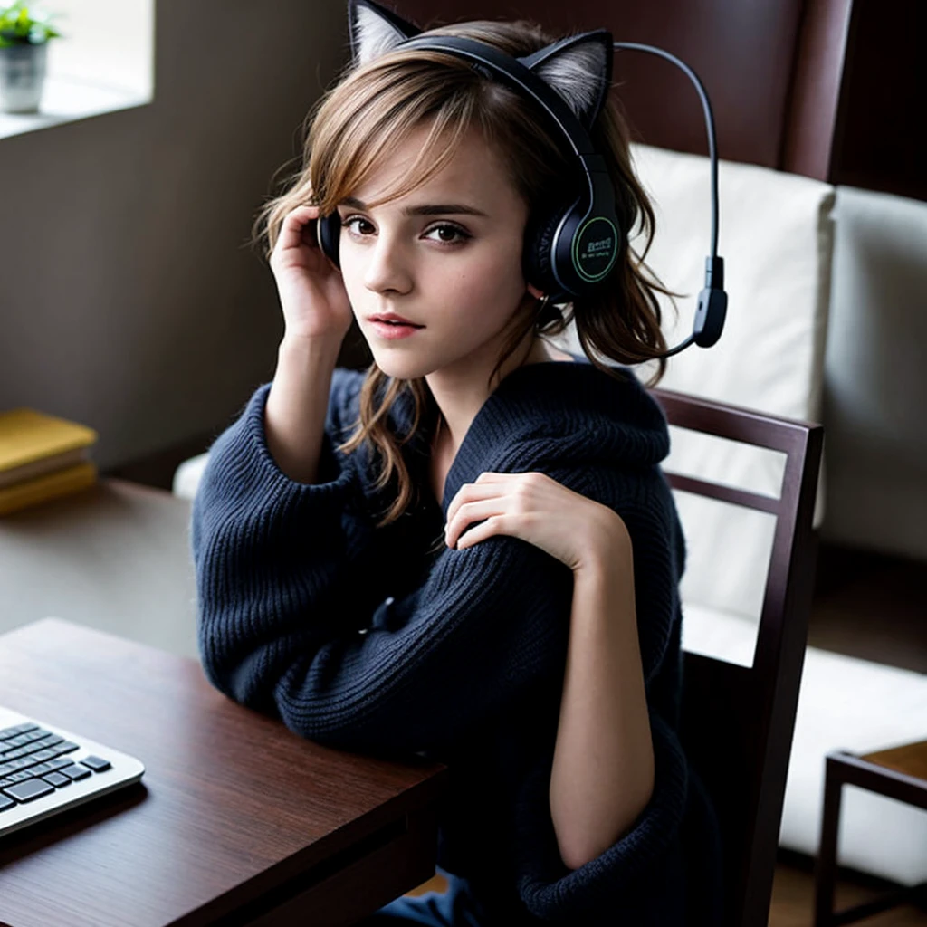 webcam photo, emmawatson siting in her desk chair, cat ear gaming headset, ((grabbing her neck)), [r/altgonewild], reddit, medium quality, bad aesthetic, grainy, lowres, poofy hair, eyeliner, casual clothes,Photorealism ,solo,shy,