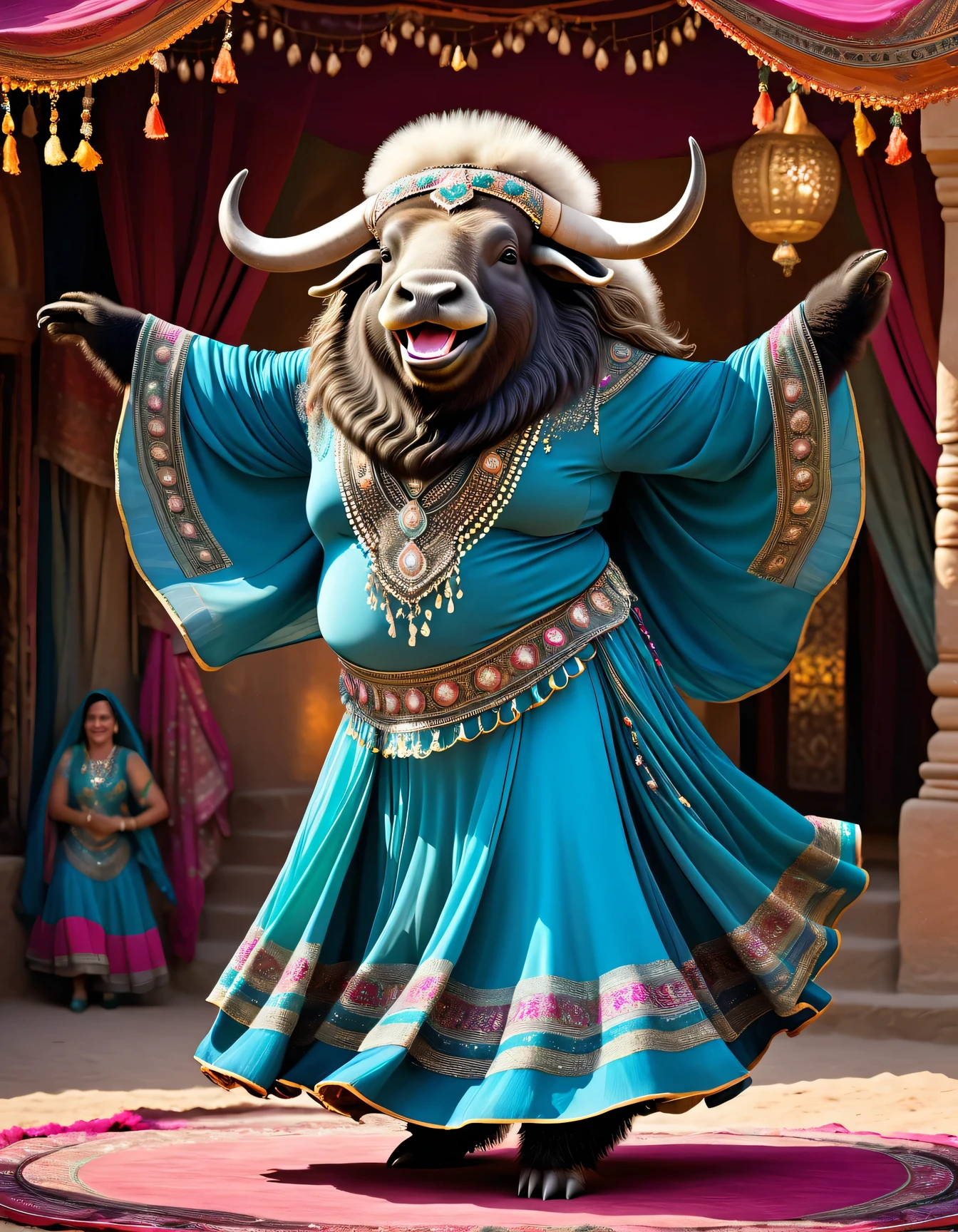 photorealistic portrait of Dressed animals - a ((fat)) ((musk ox)) dancer,(shark skin), (dynamic dancing:2.0), (swinging arms :2.0),(happy smile:1.5),high quality,(happy),(lovely) ,intricate details, (sheer veil), highly detailed (( gypsy belly dancing clothes)) ,highly detailed decorations of clothes, Wearing gypsy belly dancing clothes, , (happy), soft lighting,(full body image:1.5),Arabian palace background,(viewed from side:2.0),
