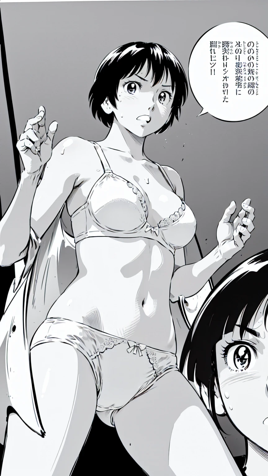 (masterpiece、Highest quality)、Highest quality, Ultra-high resolution, (((masterpiece))), alone, Sweat、Big eyes, Composition from the front、(Close-up of a person)、Shortcuts、Embarrassed face、Bronze Hair、Short back hair、Sports Bra、Panties