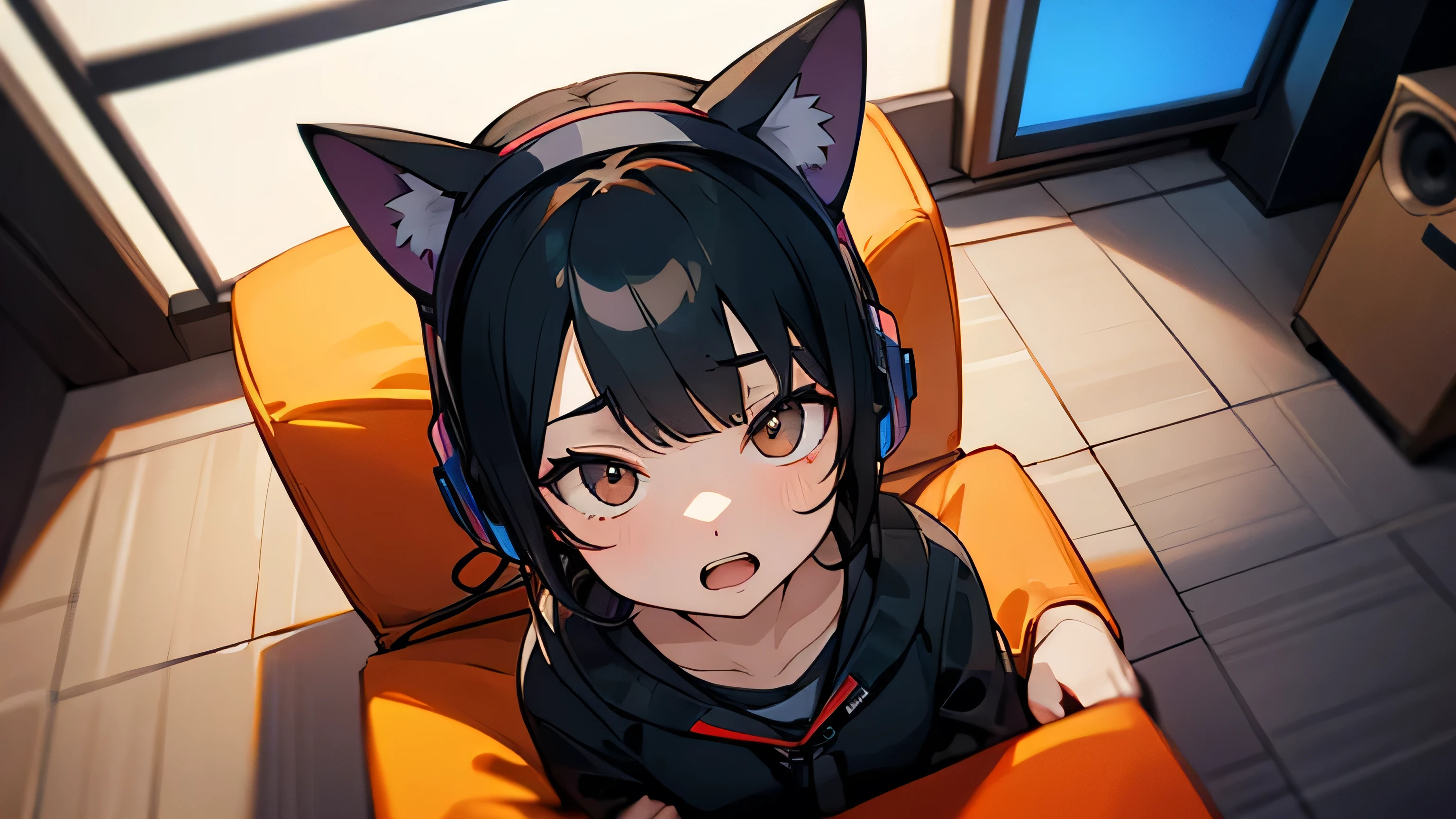 Room with speakers、Cat with headphones、Face close-up、night、Black Hair、Looking up with open mouth、Sitting in a chair