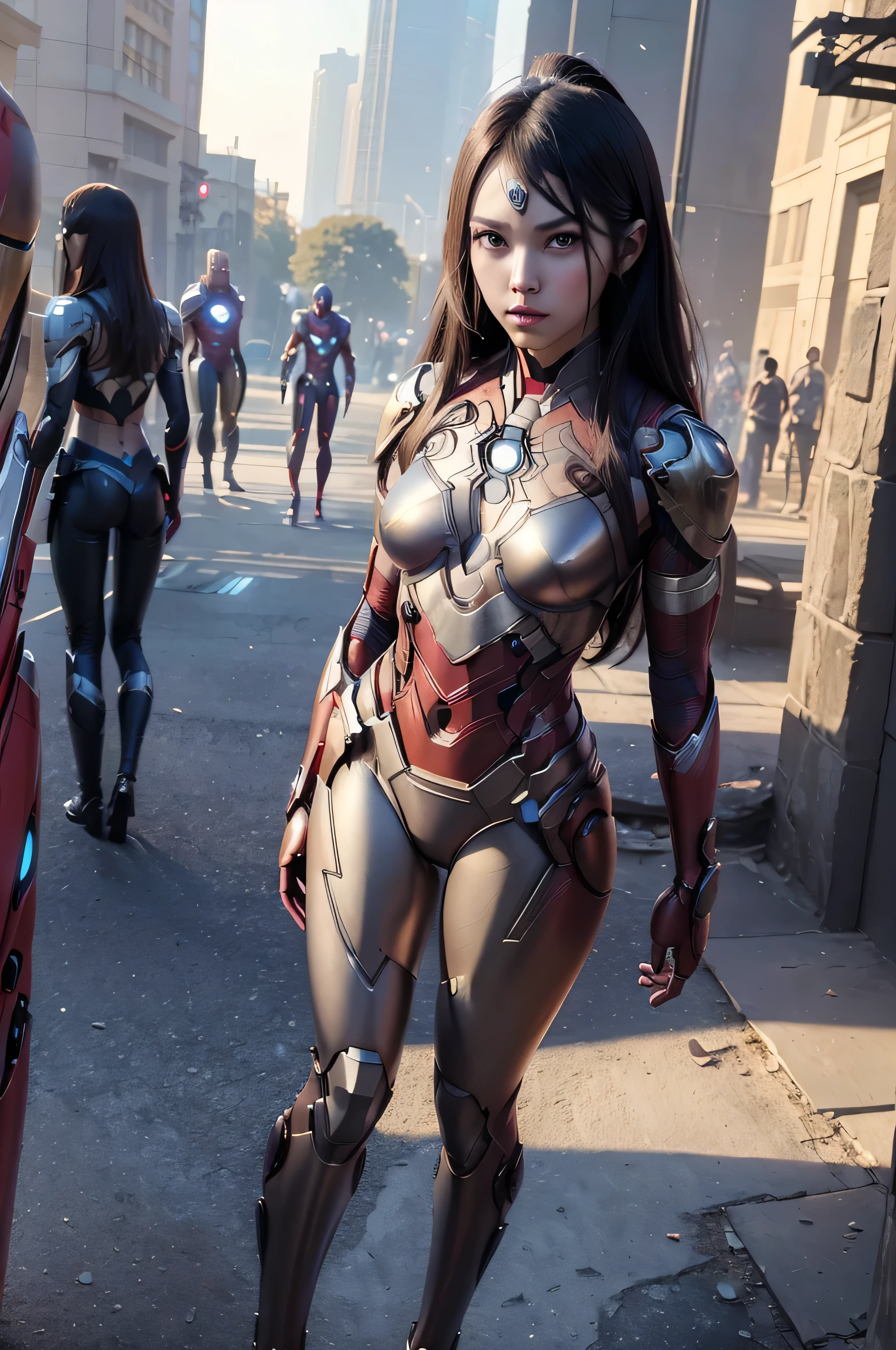 ((masterpiece, 8K, 3D, Realistic, Super Detail)), (1girl:1.3), slender 16 age, Ultra Micro photography, Gal-Gadot Super realistic, Perfect face, 16K resolution, 4k resolution, The photo was taken from the Front, facing to the photographer, Foreground photo, dynamic lighting, posing on a pedestal, high-definition resolution, Beautiful features, ((Perfect female Model Slim body)) Beautiful features, Standing pose, ((small hip)), (((2 piece Iron man Hotpants-Bikini))), Sci-fi futuristic, ((Iron man armor)) ((bionic Fragmented Spider man chest armor suit)), ((Exposed slim thighs)), wear mesh metal-stockings, ((slim thighs)), ((bionic Slim thighs Spider man armor)), Front Full body Shot, full body portrait, perfect legs, Iron Man shoes, futuristic city background