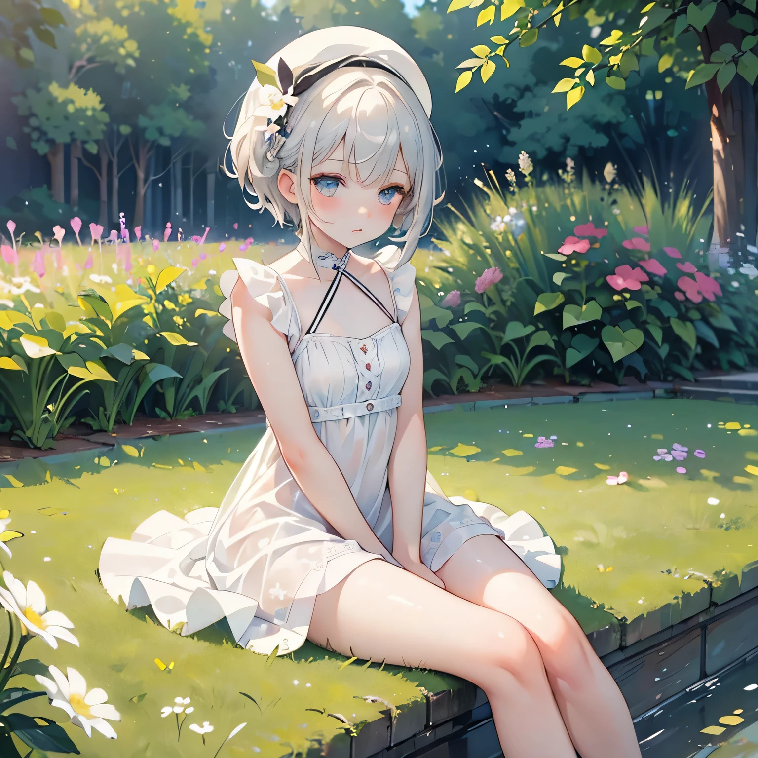 ((masterpiece:1.4, best quality)), ((masterpiece, best quality)),beautiful pixie cut silver blonde hair,little cute   girl,full body, sitting in the sun,taking a nap, ((elegant summer mini dress)), white beautiful elegant hat,very cute,cute eyes,cinematic lighting and pause,beautiful flower park