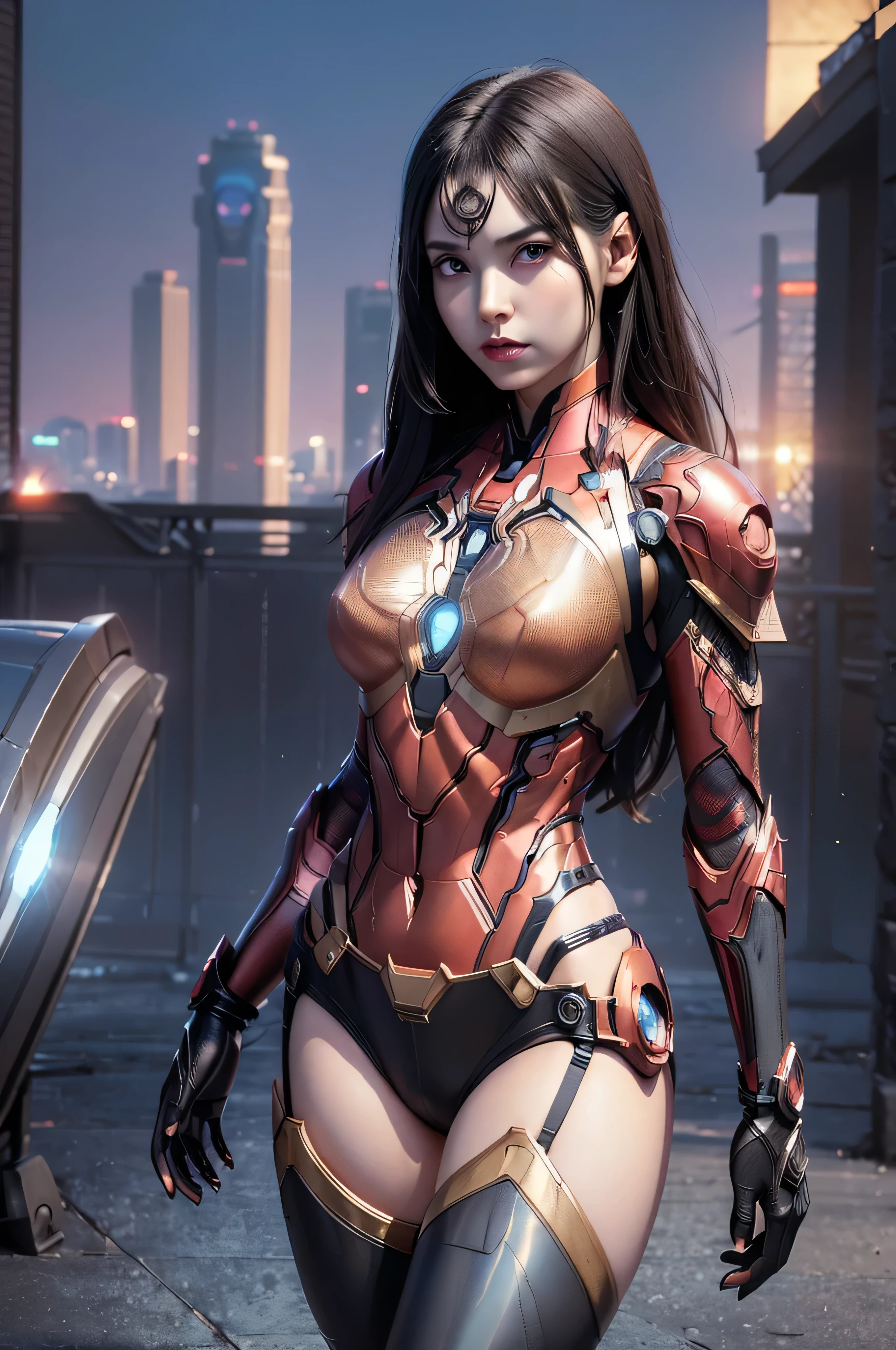((masterpiece, 8K, 3D, Realistic, Super Detail)), (1girl:1.3), slender 16 age, Ultra Micro photography, Gal-Gadot Super realistic, Perfect face, 16K resolution, 4k resolution, The photo was taken from the Front, facing to the photographer, Foreground photo, dynamic lighting, posing on a pedestal, high-definition resolution, Beautiful features, ((Perfect female Model Slim body)) Beautiful features, Standing pose, ((small hip)), (((2 piece Iron man Hotpants-Bikini))), Sci-fi futuristic, ((Iron man armor)) ((bionic Fragmented Spider man chest armor suit)), ((Exposed slim thighs)), wear mesh metal-stockings, ((slim thighs)), ((bionic Slim thighs Spider man armor)), Front Full body Shot, full body portrait, perfect legs, Iron Man shoes, futuristic city background
