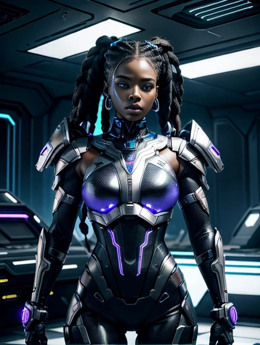 A striking black woman in an imposing futuristic post-apocalyptic cyberpunk environment full of technological details. The woman has rich, deep skin, with ebony tones that glow under the scene's neon lighting. Her hair is a bold combination of dreadlocks and braids, decorated with metallic threads and small LEDs that blink softly, reflecting the colorful lights in the room. His face is sculpted with strong, elegant features, highlighting piercing eyes that glow with a cybernetic blue intensity. She wears metallic makeup, with silver shadows and lips painted an intense purple, adding a touch of mystery and power. His athletic body is encased in a futuristic combat suit made from synthetic and metallic materials. The look is a combination of black, silver and neon blue, with details that suggest high technology, such as embedded circuits and light panels. Plates of armor protect his shoulders, arms, and legs, while cables and wires connect to devices on his body, indicating a perfect fusion between human and machine. giving it a lively and dynamic appearance, Hyper Realistic, Cinematic.