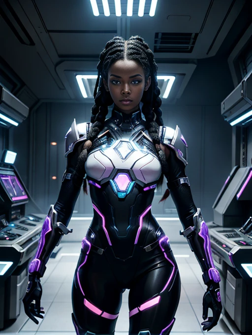 A striking black woman in an imposing futuristic post-apocalyptic cyberpunk environment full of technological details. The woman has rich, deep skin, with ebony tones that glow under the scene's neon lighting. Her hair is a bold combination of dreadlocks and braids, decorated with metallic threads and small LEDs that blink softly, reflecting the colorful lights in the room. His face is sculpted with strong, elegant features, highlighting piercing eyes that glow with a cybernetic blue intensity. She wears metallic makeup, with silver shadows and lips painted an intense purple, adding a touch of mystery and power. His athletic body is encased in a futuristic combat suit made from synthetic and metallic materials. The look is a combination of black, silver and neon blue, with details that suggest high technology, such as embedded circuits and light panels. Plates of armor protect his shoulders, arms, and legs, while cables and wires connect to devices on his body, indicating a perfect fusion between human and machine. giving it a lively and dynamic appearance, Hyper Realistic, Cinematic.