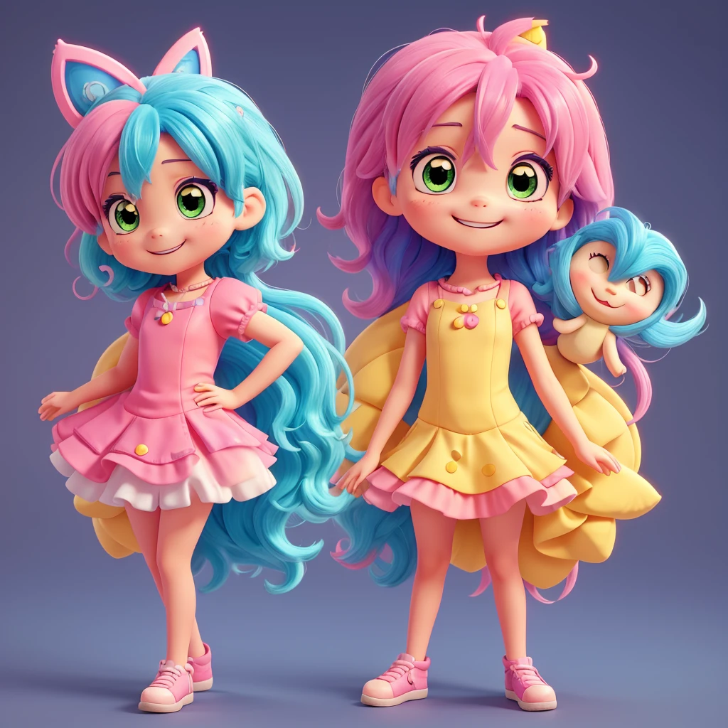 Design a cute and crazy anime-style mascot character. It should have large, sparkly eyes, a mischievous grin, and vibrant, colorful hair. The outfit should be playful and whimsical, with bright colors like pink, blue, and yellow. Add fun details like a wavy antenna or a quirky hat. The character should have a round, soft body with small limbs to enhance its cuteness.