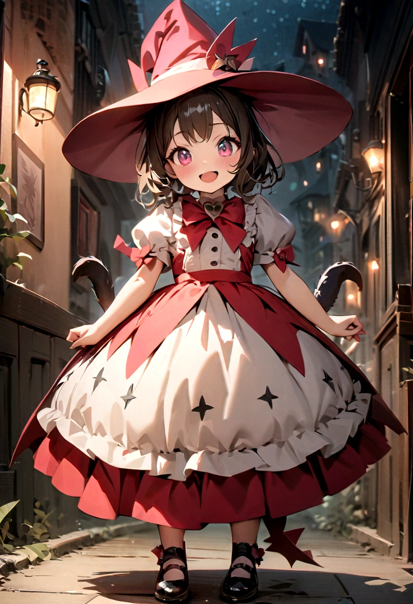 woman,((Lovely),beautiful eyes,make up,(Smile),open mouth,(Double tail),pink,night,masterpiece,high resolution,Surrealism,提high resolution,original photo,Best quality,Looking down at the audience,Little Witch