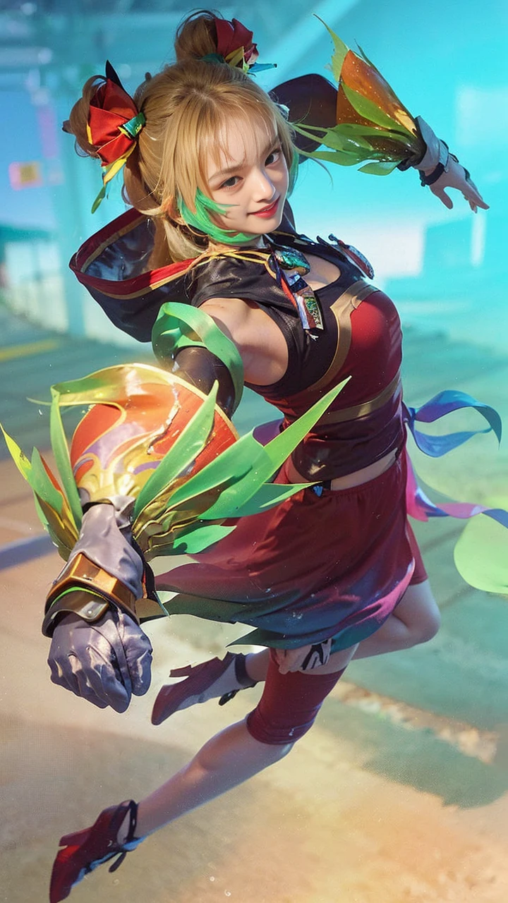 ((​masterpiece, Top image quality, hight resolution、solo、small tits、Sleeveless uniforms on land、track and field athlete、high-ponytail Hairstyle、no-good、full body Esbian、A smile、A slight smil、Tecateca skin、glowy skin))、Sweaty face、latina, puberty, full of sweat、red lipsticks、Walk along the tracks of the athletics stadium、solo、On both hands and hips、Navel is visible、((Thigh Raising Training))、((Running on the track))、(((Macho Body)))、((Uniform wet with sweat))、(((see the whole body)))