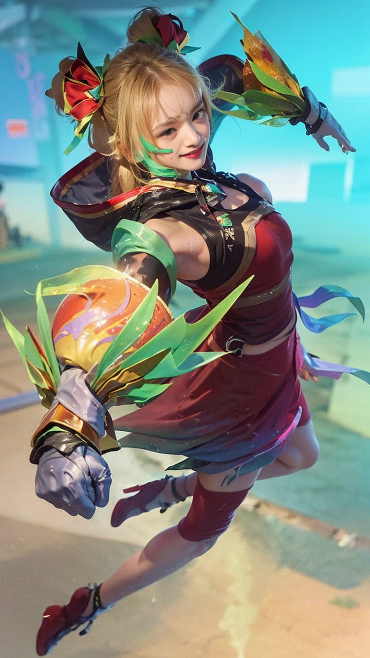 ((masterpiece, Top image quality, hight resolution、solo、small tits、Sleeveless uniforms on land、track and field athlete、high-ponytail Hairstyle、no-good、full body Esbian、A smile、A slight smil、Tecateca skin、glowy skin))、Sweaty face、latina, puberty, full of sweat、red lipsticks、Walk along the tracks of the athletics stadium、solo、On both hands and hips、Navel is visible、((Thigh Raising Training))、((Running on the track))、(((Macho Body)))、((Uniform wet with sweat))、(((see the whole body)))