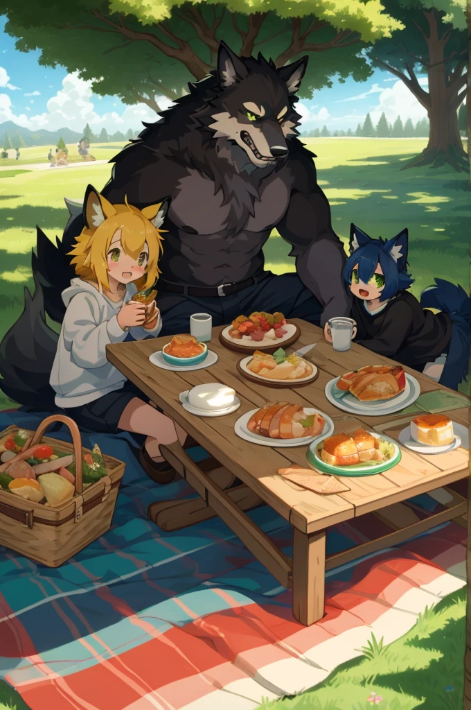 cover page, anime key visual, highres, top quality, best quality, paid reward available, High-quality illustrations, unparalleled masterpiece, perfect artwork, absurdres(heartwarming family picnic scene)(in lush green park)(kemono werewolf family with two parents of diverse descents and a child)perfect anatomy, sitting on a colorful blanket, parents smiling and taking out food from a picnic basket,  reaching for sandwich, cheerful and relaxed atmosphere, bright sunny day, trees in the background, fan-created work shared on platforms Pixiv or Twitter, cinematic lighting, dynamic angle,