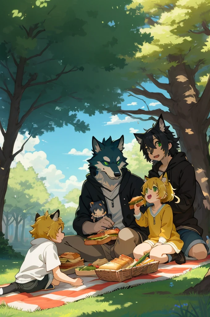 cover page, anime key visual, highres, top quality, best quality, paid reward available, High-quality illustrations, unparalleled masterpiece, perfect artwork, absurdres(heartwarming family picnic scene)(in lush green park)(kemono werewolf family with two parents of diverse descents and a child)perfect anatomy, sitting on a colorful blanket, parents smiling and taking out food from a picnic basket, reaching for sandwich, cheerful and relaxed atmosphere, bright sunny day, trees in the background, fan-created work shared on platforms Pixiv or Twitter, cinematic lighting, dynamic angle,