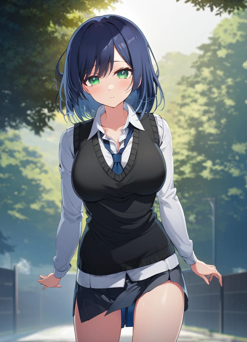 masterpiece, high quality, 8K, Beautiful lighting, One girl, alone, Green Eyes, Moderate_hair, White shirt, Sweater vest, Black vest, Blue tie, Grey Skirt, Outdoor, Cowboy Shot, View your viewers, anime, blue hair,Big Breasts,naked,spread legs, sitthing,show off pussy,pussy juice,masturbation,touch pussy,(trembling:1.4),(sweat:1.4),(orgasm:1.7),(wet:1.3),(steam:1.2),