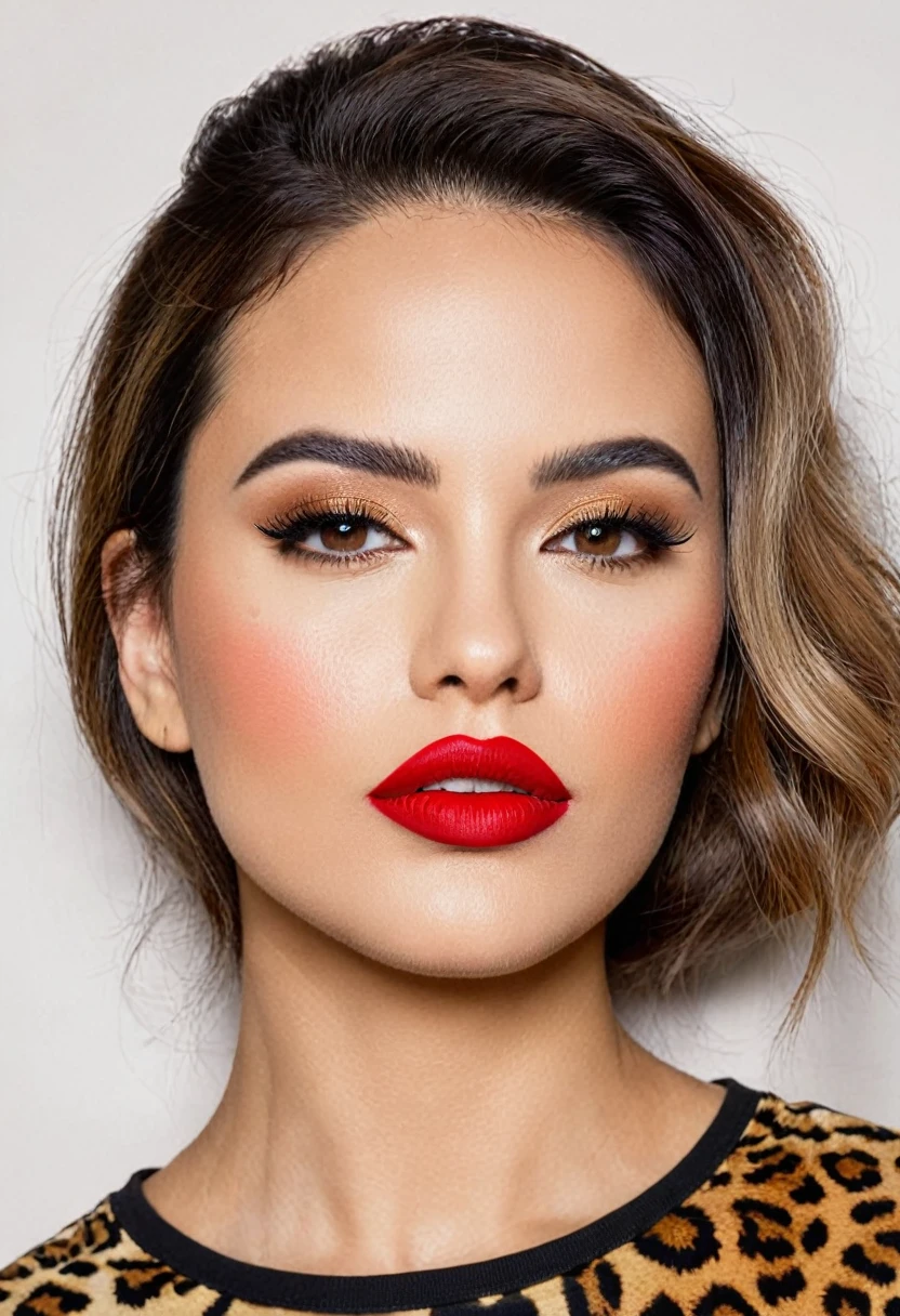 Woman with red lipstick in a t-shirt with leopard print lips, un retrato de Nándor Katona, Instagram, pop art, malika favre, 1614572159, profile picture, fernanda suarez, with professional makeup, Alejandro Astor, Alina Ivánchenko, Victoria Gavrilenko, Dasha Taran, small lips