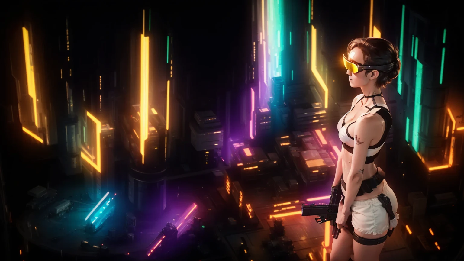brightly colored abstract (((((high view))))) image of a space station with a spiral, epic beautiful space scifi, chaotic cinematic space rift, greg beeple, planets colliding, beeple and tim hildebrandt, beeple and jean giraud, end of the universe, galaxy space sci-fi, ringworld, (((((dark ink))))), by Mike "Beeple" Winkelmann. at night, (((((1girl, solo))))), photo realistic, (((((large-breast:1.1 slim body, cleavage:1.4))))), (((off broken mini sling-shirt and black sling bra, extreamly short white pleated miniskirt, (((micro panty)))))), (((((running pose))))), (((((((matrix style black micro sunglasses))))))), ((((((((((aiming with a short gun)))))))))), (((((looking at camera))))), (((very low view))), (((((half-body thigh level medium shot))))), (((cinematic lighting))).