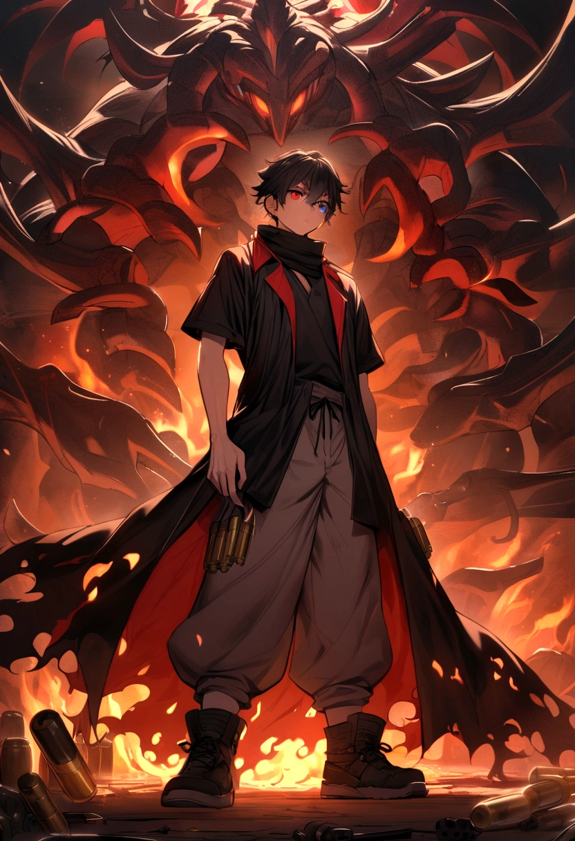 boy, big messy black hair with dark red bangs, black and red eyes, heterochromia, wide, loose-fitting black shirt at the neck, long coat with short sleeves in black with reddish flames, big, baggy pants with ammunition and grenades, shoes black, the left arm is surrounded by a black cybernetic claw with fire details that reaches shoulder height, fine-detailed