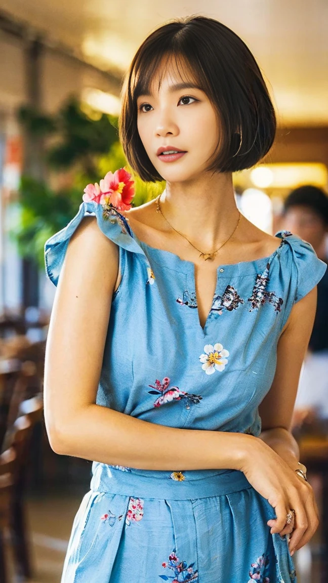 (masterpiece), (Highest quality), (Very detailed),(Disheveled Hair),(shape), 30 generations of knowledgeable women,One person、 ((Dark brown bob cut))、（Aloha shirt with large blue floral pattern）、Earrings、necklace、((85cm bust))、Midi flared skirt、  (Summer clothes), Are standing, Fashion Model, View your audience, (interview), (Okinawa beaches),Beautiful details, Delicate and beautiful face, floating,(High chroma),(Colorful splashes),Colorful bubbles,(The Shining),  Hair Ring, Floating Flowers, Floating Hair, (The Shining), Best lighting, Best Shadow,