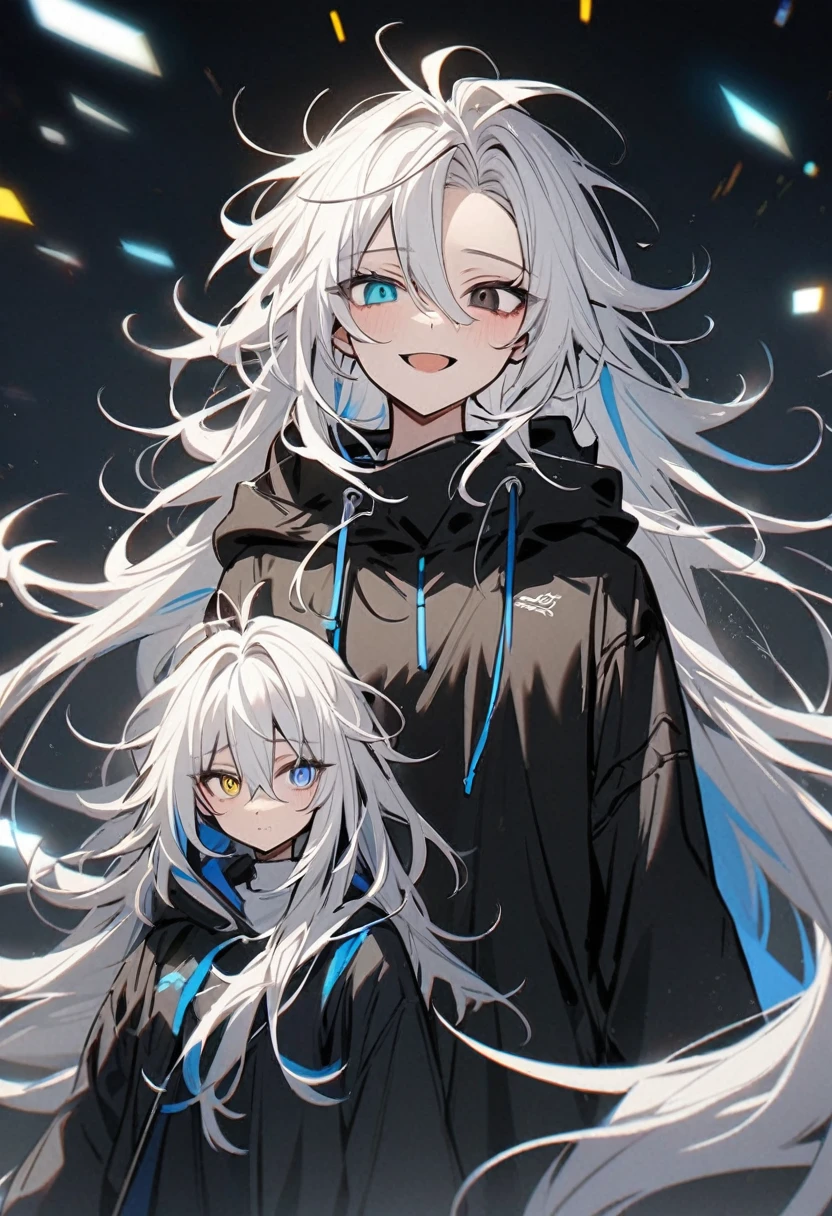 black dress with blue details, blue eyes with white pupils, happy expression , Messy hair , Long Messy Length Hair, 1womanl, White hair , light skin color next to her White Shirt, wearing a black hoodie , yellow and black eyes heterochromia , , dark expression , Messy hair , Medium length hair , 1 men , multicolored black and white hair , two tone hair , 