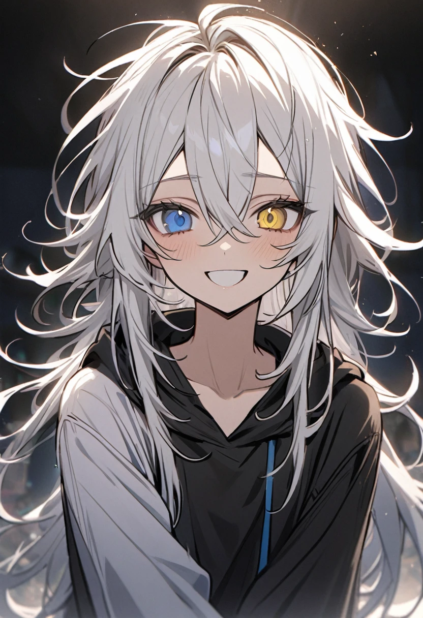 black dress with blue details, blue eyes with white pupils, happy expression , Messy hair , Long Messy Length Hair, 1womanl, White hair , light skin color next to her White Shirt, wearing a black hoodie , yellow and black eyes heterochromia , , dark expression , Messy hair , Medium length hair , 1 men , multicolored black and white hair , two tone hair ,