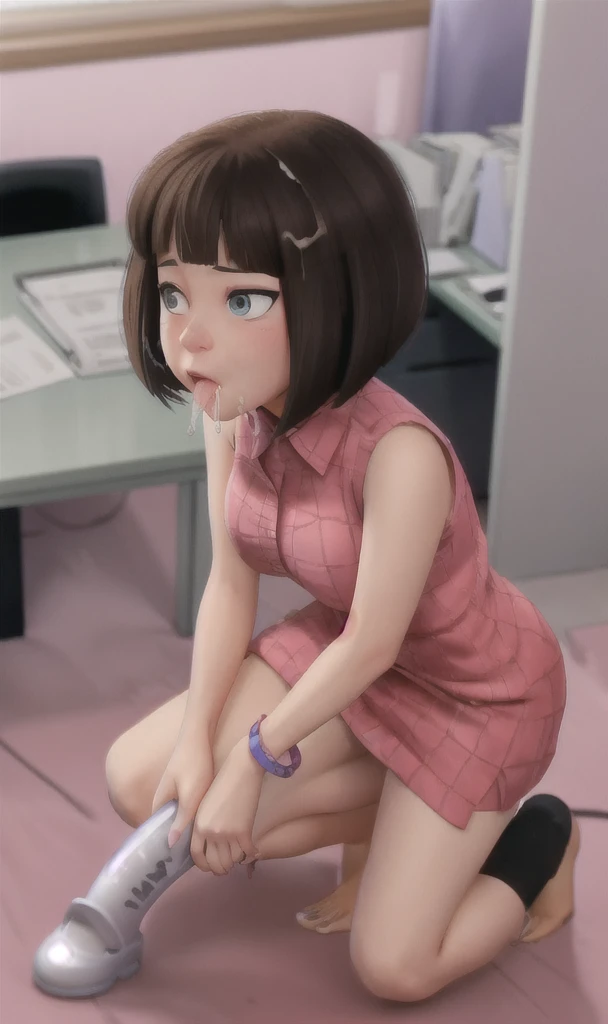 bettybrant2023, 1  girl working in office on her knees sucking a guys long huge cock, cum all over her face,  best quality, masterpiece, newspaper, bob cut, 5 fingers, pixar style,