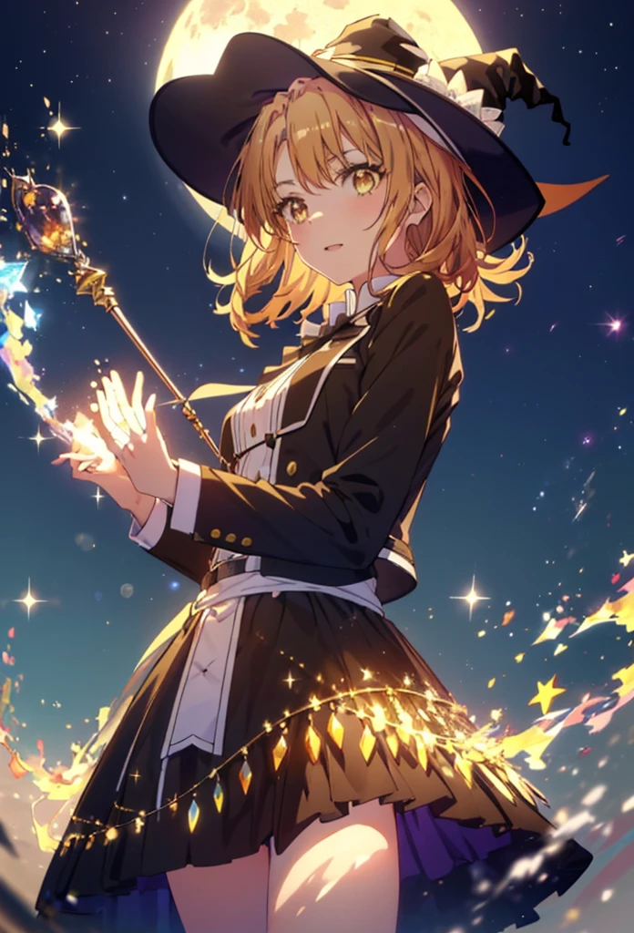 Irohaisshiki, isshiki iroha, Short Hair, Brown Hair, (Brown eyes:1.5), smile,((Night Sky)),((Big full moon)),((Sparkling and colorful stars)),Fluffy hair,((Idol style costume with soft volume)),Long skirt,Pointed shoes,Possessing a crystal-studded magic wand grip in his right hand,((witch)),(magic wand with a jewel on the tip),Rubik&#39;s Square,So that the whole body goes into the illustration,
break outdoors, forest,forest
break looking at viewer,
break (masterpiece:1.2), Highest quality, High resolution, unity 8k wallpaper, (shape:0.8), (Narrow and beautiful eyes:1.6), Highly detailed face, Perfect lighting, Highly detailed CG, (Perfect hands, Perfect Anatomy),