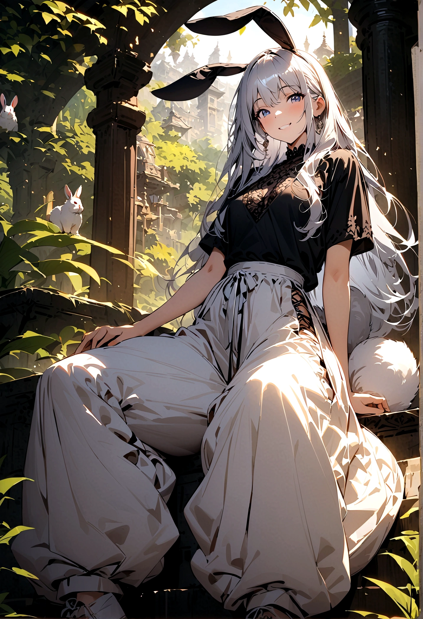 (Lovely,hairy,Rabbit ears,Silver Hair,Long hair,Baggy pants,Tail,Smile),Beautiful nature, rest,masterpiece,high resolution,top-quality