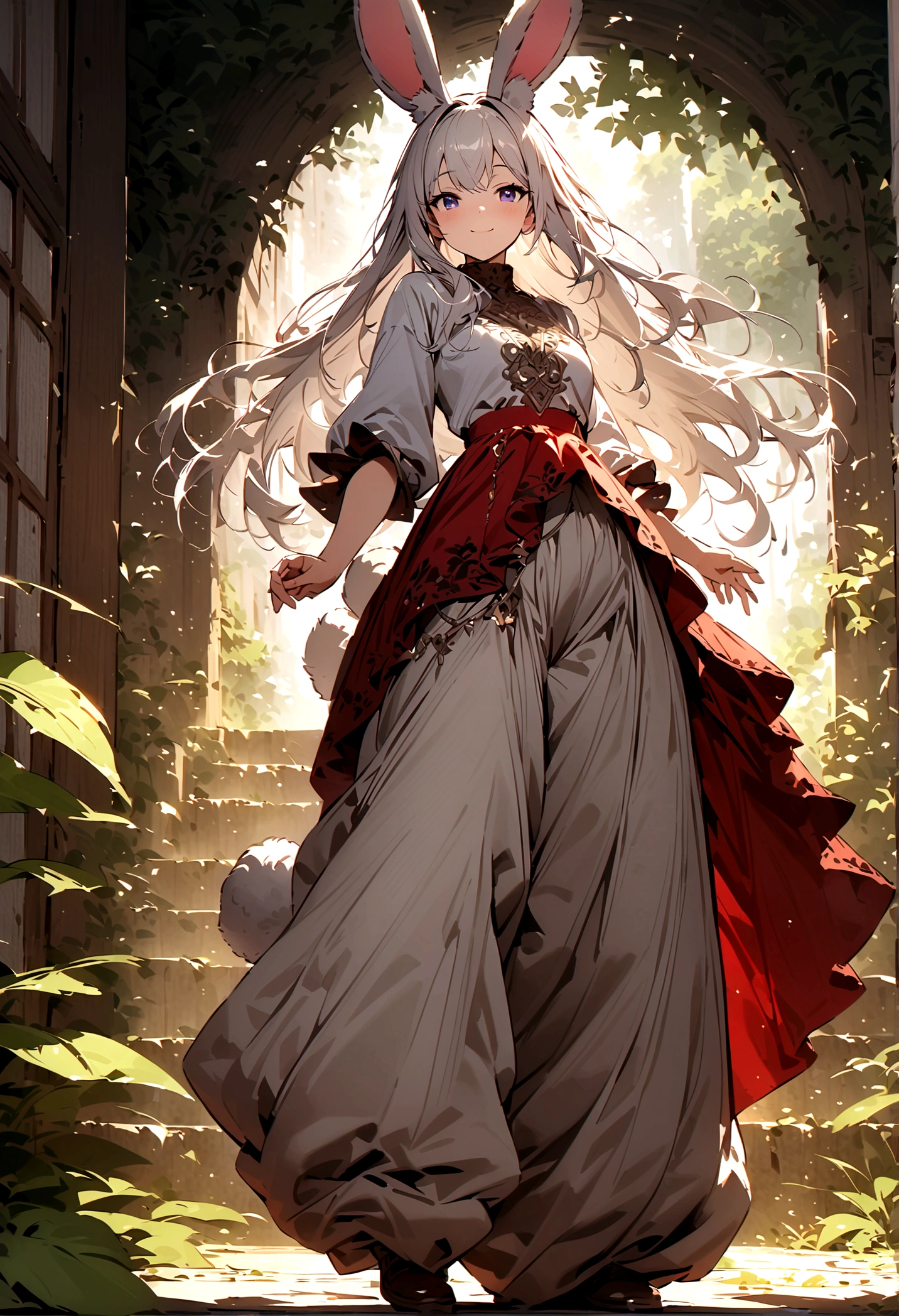 (Lovely,hairy,Rabbit ears,Silver Hair,Long hair,Baggy pants,Tail,Smile),Beautiful nature, rest,masterpiece,high resolution,top-quality