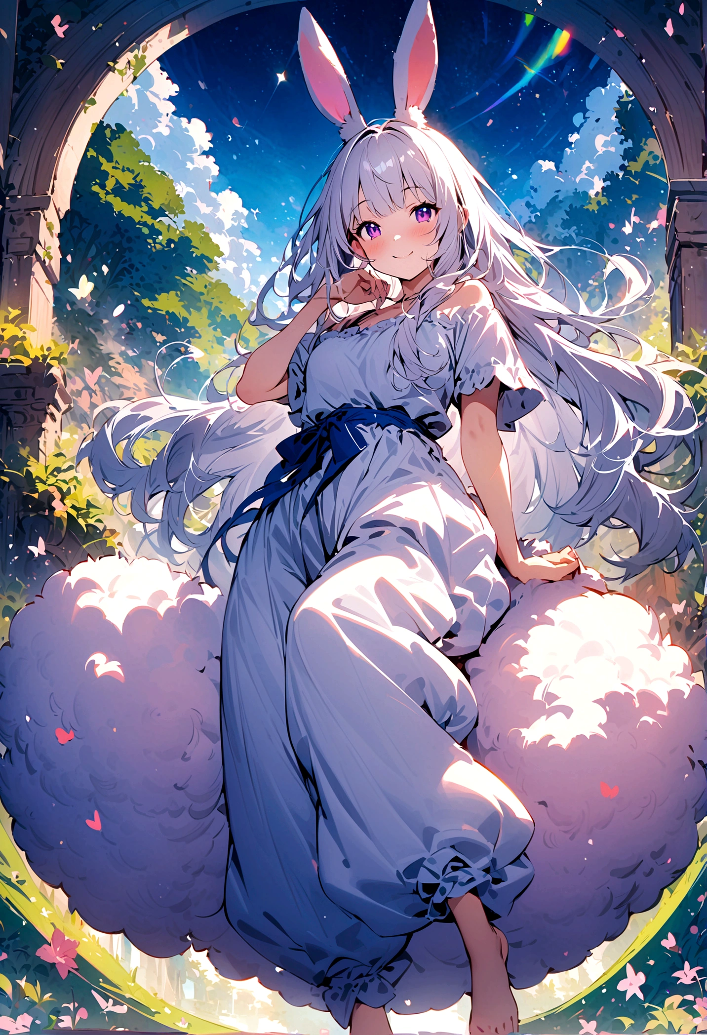 (Lovely,hairy,Rabbit ears,Silver Hair,Long hair,Baggy pants,Tail,Smile)，Beautiful nature, rest，masterpiece,high resolution,top-quality