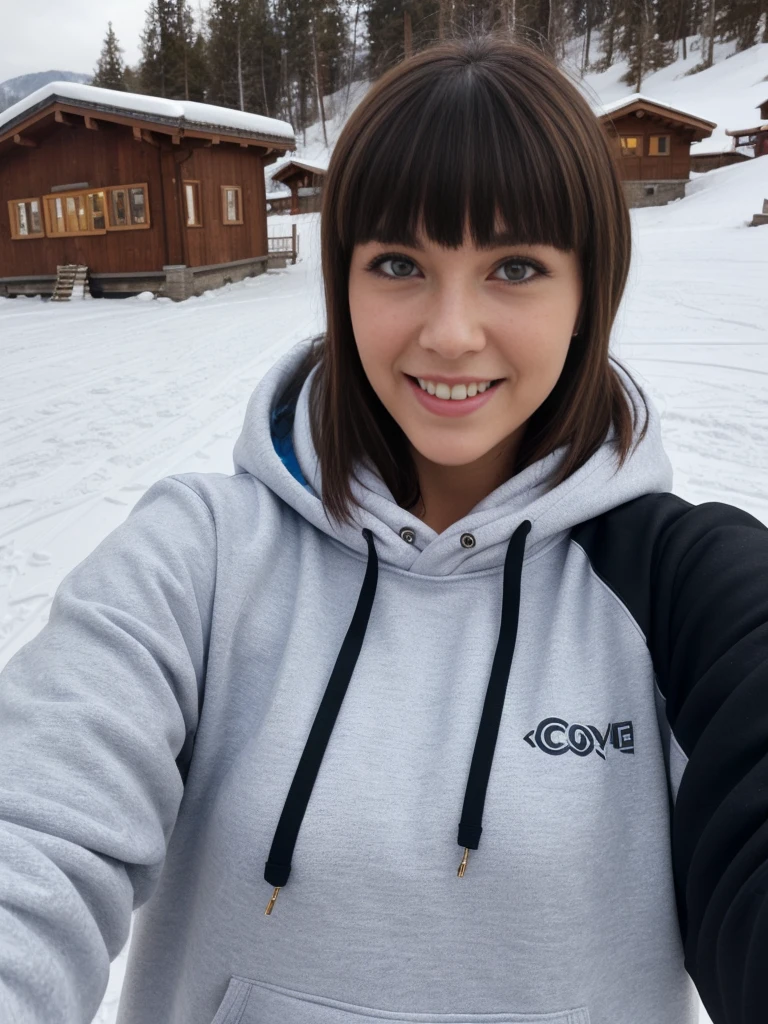 1girl, solo, realistic, her name is Cathlyn, she is a Caucasian brunette, 30 years old, mature face and body, smiling, short hair with bangs, chubby, wearing a hoodie outside ski resorts in Russia, (((selfie shot)))