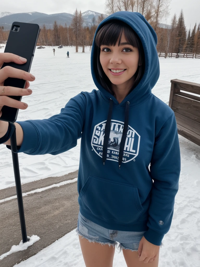 1girl, solo, realistic, her name is Cathlyn, she is a Caucasian brunette, 30 years old, mature face and body, smiling, short hair with bangs, chubby, wearing a hoodie outside ski resorts in Russia, (((selfie shot)))