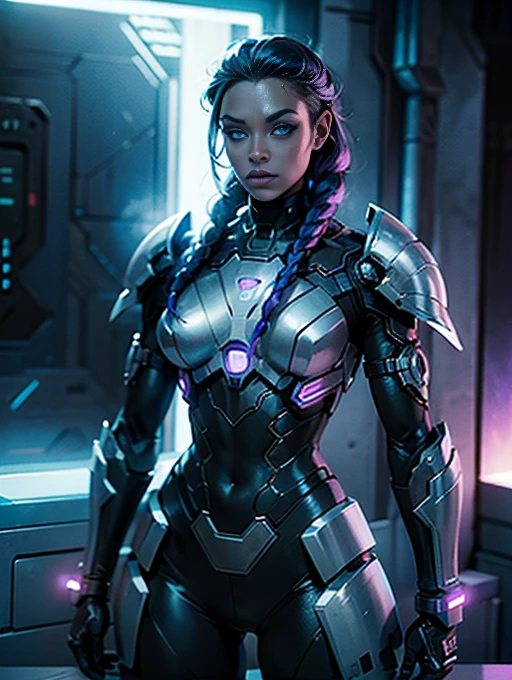 A striking black woman in an imposing futuristic post-apocalyptic cyberpunk environment full of technological details. The woman has rich, deep skin, with ebony tones that glow under the scene's neon lighting. Her hair is a bold combination of dreadlocks and braids, decorated with metallic threads and small LEDs that blink softly, reflecting the colorful lights in the room. His face is sculpted with strong, elegant features, highlighting piercing eyes that glow with a cybernetic blue intensity. She wears metallic makeup, with silver shadows and lips painted an intense purple, adding a touch of mystery and power. His athletic body is encased in a futuristic combat suit made from synthetic and metallic materials. The look is a combination of black, silver and neon blue, with details that suggest high technology, such as embedded circuits and light panels. Plates of armor protect his shoulders, arms, and legs, while cables and wires connect to devices on his body, indicating a perfect fusion between human and machine. giving it a lively and dynamic appearance, Hyper Realistic, Cinematic.