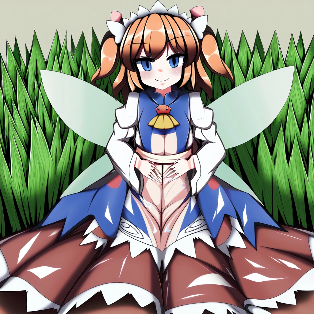 1girl, sunny milk (touhou), blue eyes, orange hair, two side up, fairy wings, yellow ascot, white headdress, hair ornament, sash, white bow, long sleeves, white dress, red skirt,