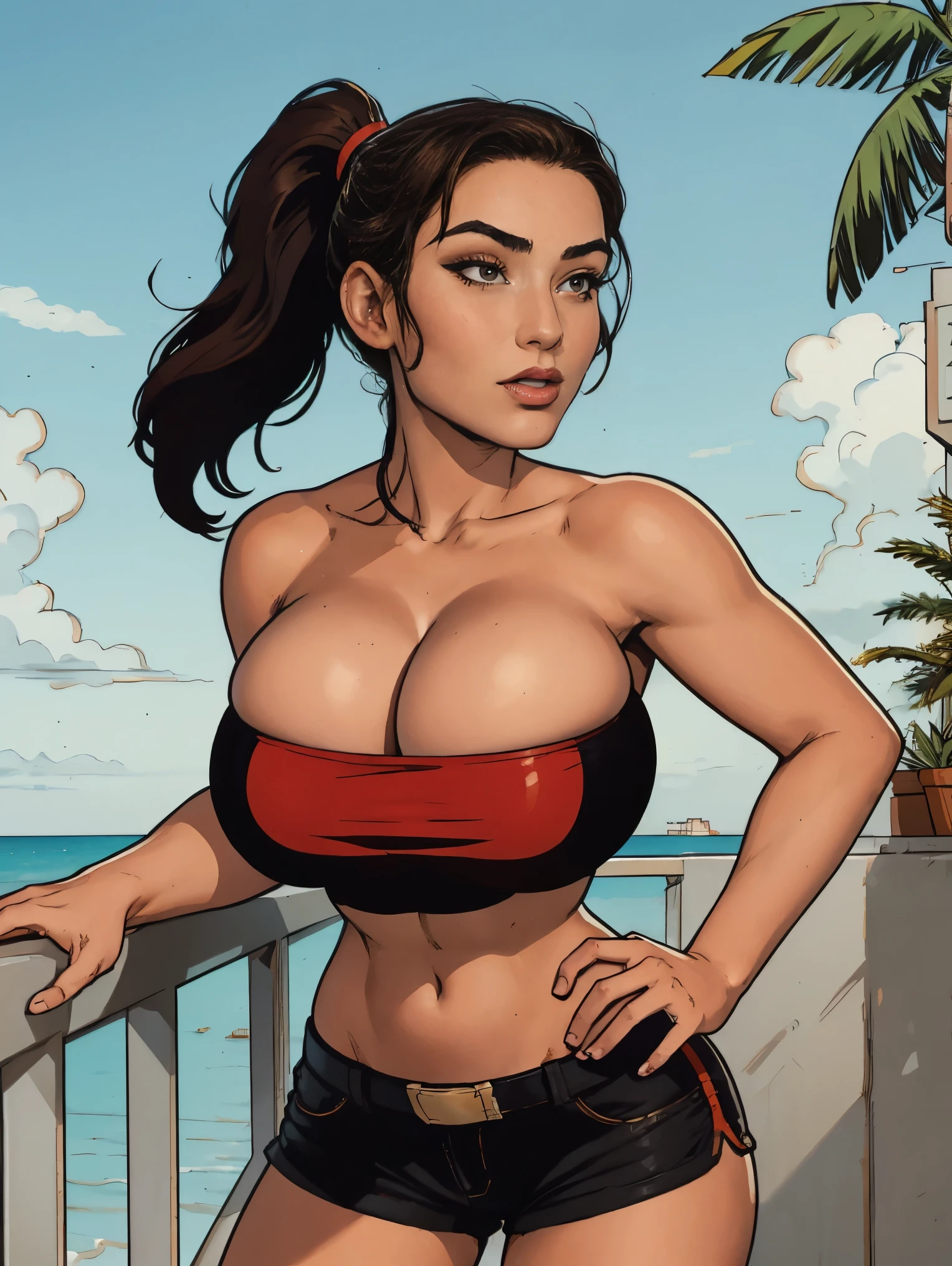 Extremely busty thin and toned brunette photographer, college girl, fair skin, huge ponytail, soft face, athletic, tiny red strapless tube top, black spandex mini shorts. Standing, balcony, palm trees.