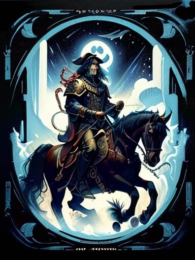 painting of a man riding a horse with a snake on its back, inspired by Ravi Zupa, by Ravi Zupa, horsemen of the apocalypse, orthodox symbolism diesel punk, death tarot, four horsemen of the apocalypse, the tarot card of earthly demise, album art, death god, undead winged hussar, detailed cover artwork, death tarot card