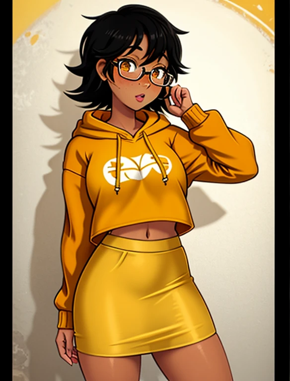 1girl, solo, 20 year old college student, she has tan-bronze skin with some freckles, short black hair with orange highlights, amber colored eyes, (Wearing a yellow hoodie, black pencil skirt and glasses), college background