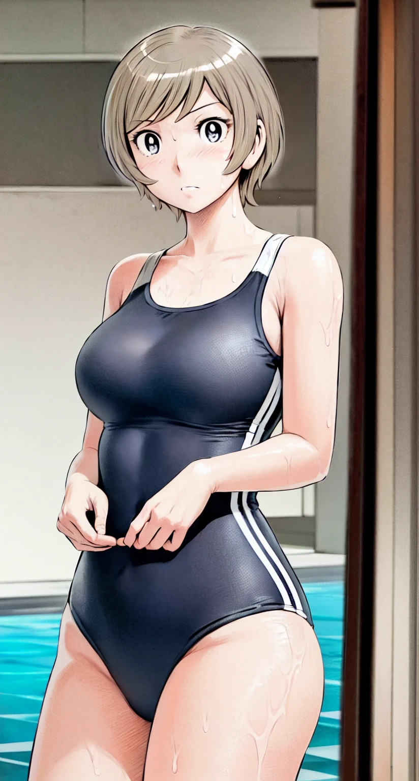 Blonde, (short hair:1.2)、((Illustration of a person))、Big Breasts、
View your viewers,, (Highest quality:1.3),blue eye star piece、Highest quality)、Highest quality, Ultra-high resolution, (((masterpiece))), alone, Sweat、Big eyes、Big Breasts、One Girl, Front view、Embarrassed face、Bronze colored hair、((short hair))、One Girl, alone, blush, Big Breasts,
Bare arms, Wet, Pool, 青いSchool Swimsuit, Thighs, Place your arms at your sides, Bare arms, Cowboy Shot, Are standing, School Swimsuit,bite、High Leg、mansuji